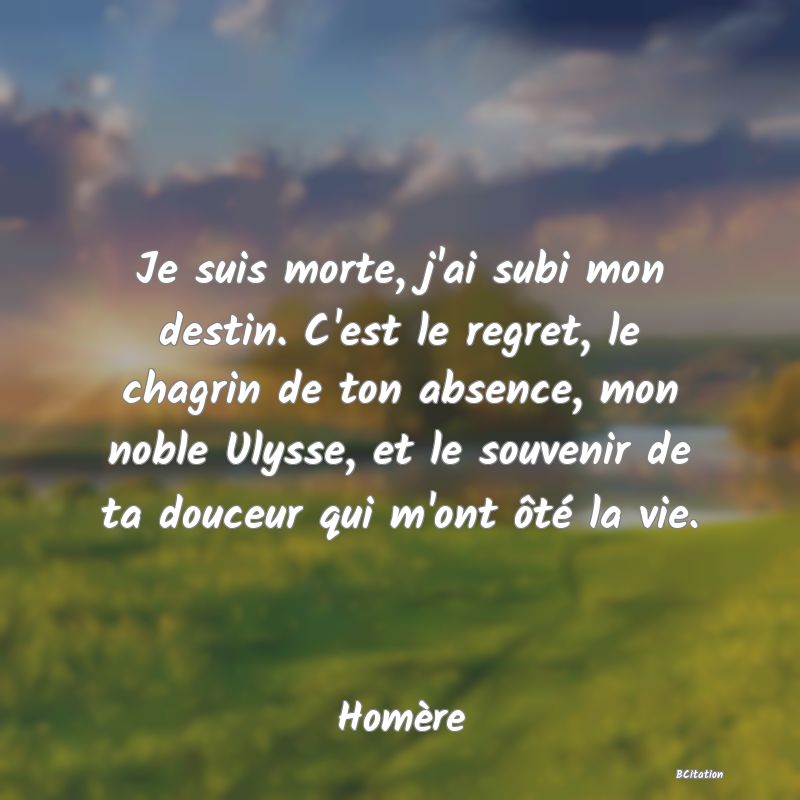 Belle Citation - Je suis morte, j'ai subi mon destin. C'est le regret, le chagrin de ton absence, mon noble Ulysse, et le souvenir de ta douceur qui m'ont ôté la vie. - Homère