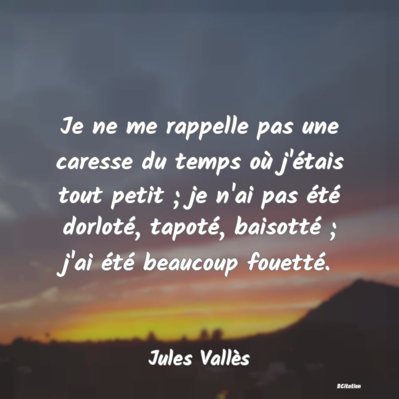 Belle Citation - Je ne me rappelle pas une caresse du temps où j'étais tout petit ; je n'ai pas été dorloté, tapoté, baisotté ; j'ai été beaucoup fouetté. - Jules Vallès
