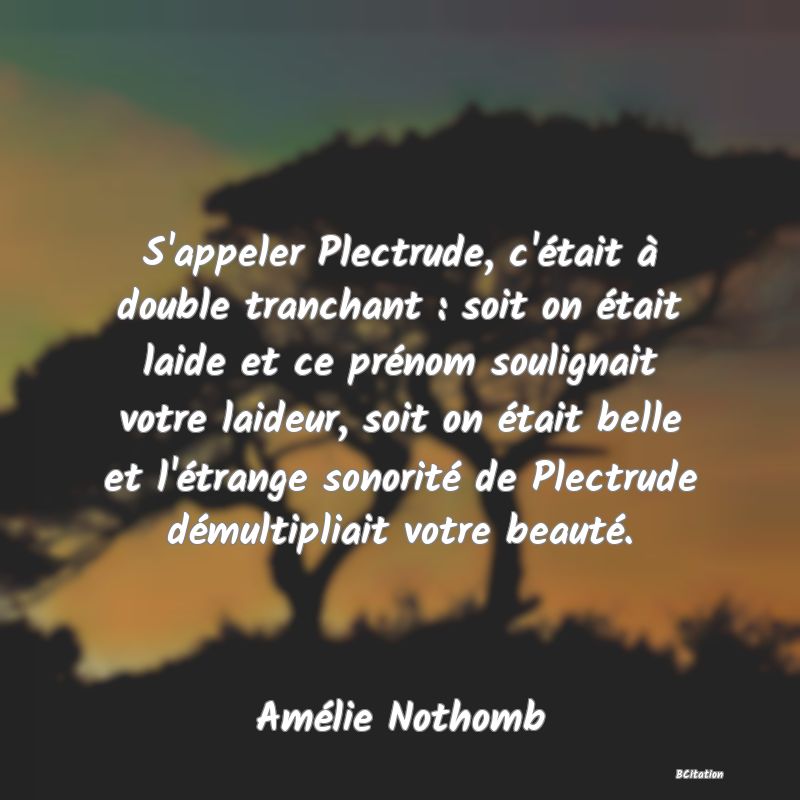 image de citation: S'appeler Plectrude, c'était à double tranchant : soit on était laide et ce prénom soulignait votre laideur, soit on était belle et l'étrange sonorité de Plectrude démultipliait votre beauté.