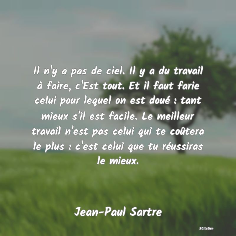 image de citation: Il n'y a pas de ciel. Il y a du travail à faire, c'Est tout. Et il faut farie celui pour lequel on est doué : tant mieux s'il est facile. Le meilleur travail n'est pas celui qui te coûtera le plus : c'est celui que tu réussiras le mieux.