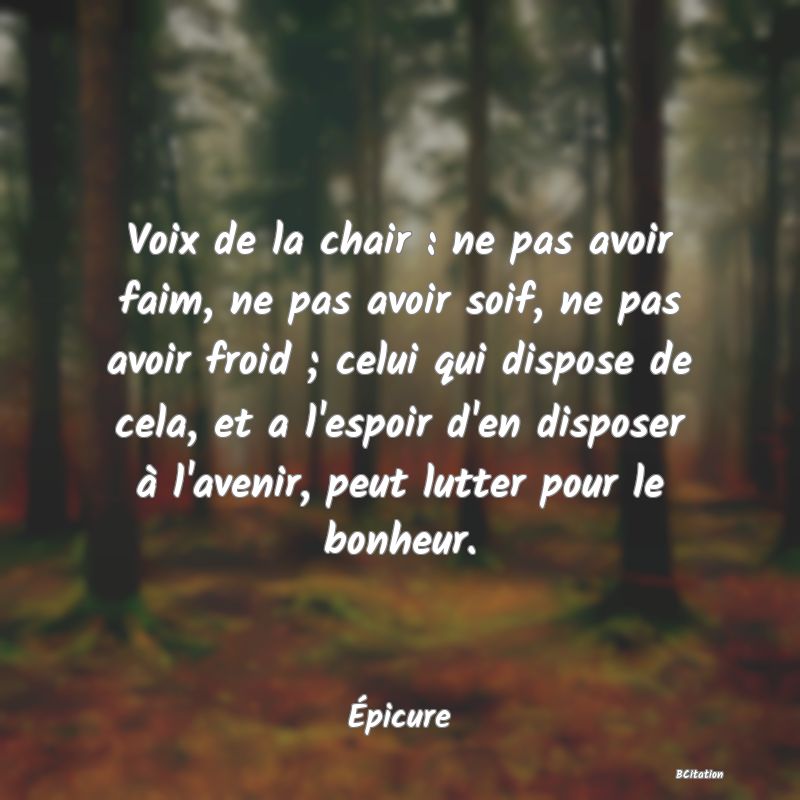 image de citation: Voix de la chair : ne pas avoir faim, ne pas avoir soif, ne pas avoir froid ; celui qui dispose de cela, et a l'espoir d'en disposer à l'avenir, peut lutter pour le bonheur.