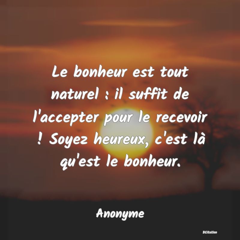 image de citation: Le bonheur est tout naturel : il suffit de l'accepter pour le recevoir ! Soyez heureux, c'est là qu'est le bonheur.