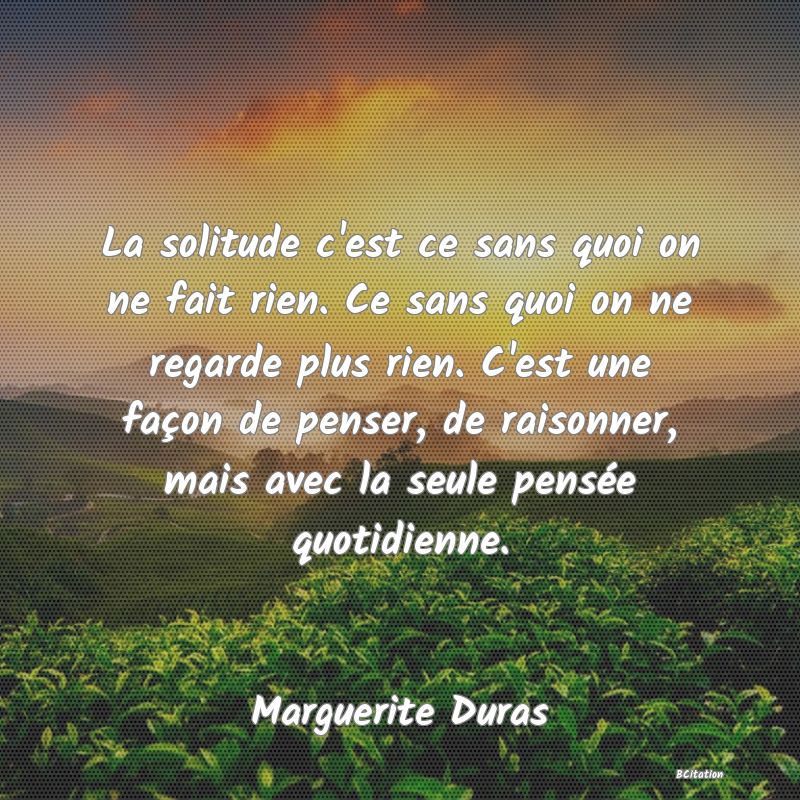 image de citation: La solitude c'est ce sans quoi on ne fait rien. Ce sans quoi on ne regarde plus rien. C'est une façon de penser, de raisonner, mais avec la seule pensée quotidienne.