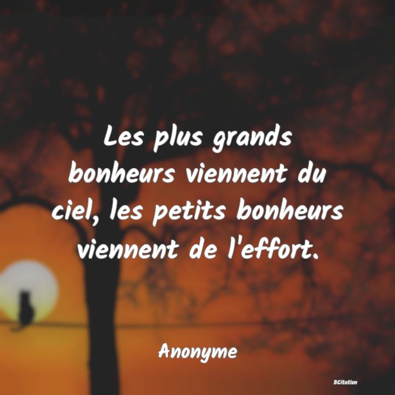 Belle Citation - Les plus grands bonheurs viennent du ciel, les petits bonheurs viennent de l'effort. - Anonyme