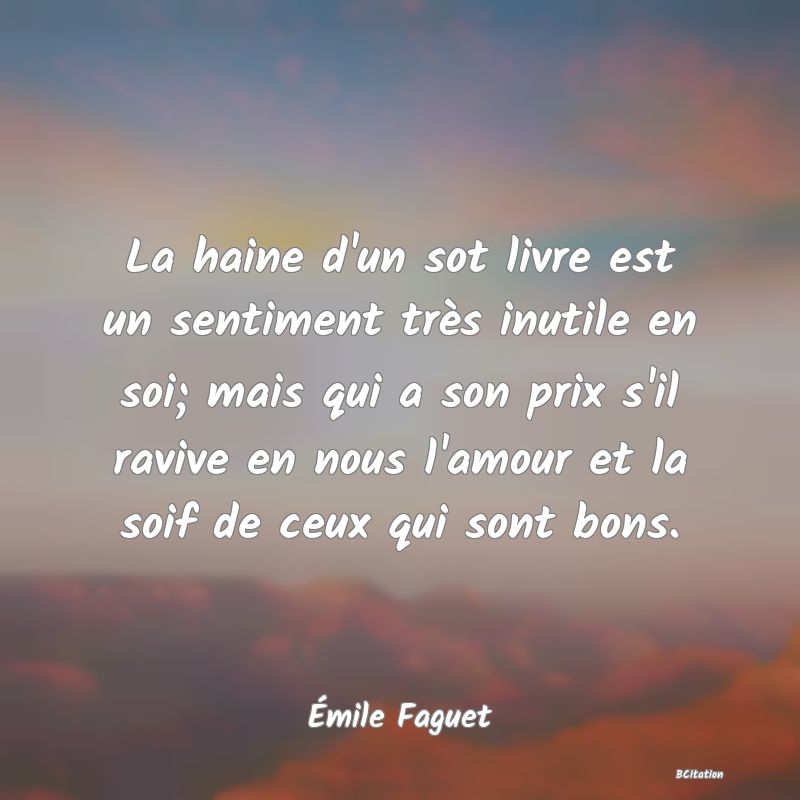 image de citation: La haine d'un sot livre est un sentiment très inutile en soi; mais qui a son prix s'il ravive en nous l'amour et la soif de ceux qui sont bons.