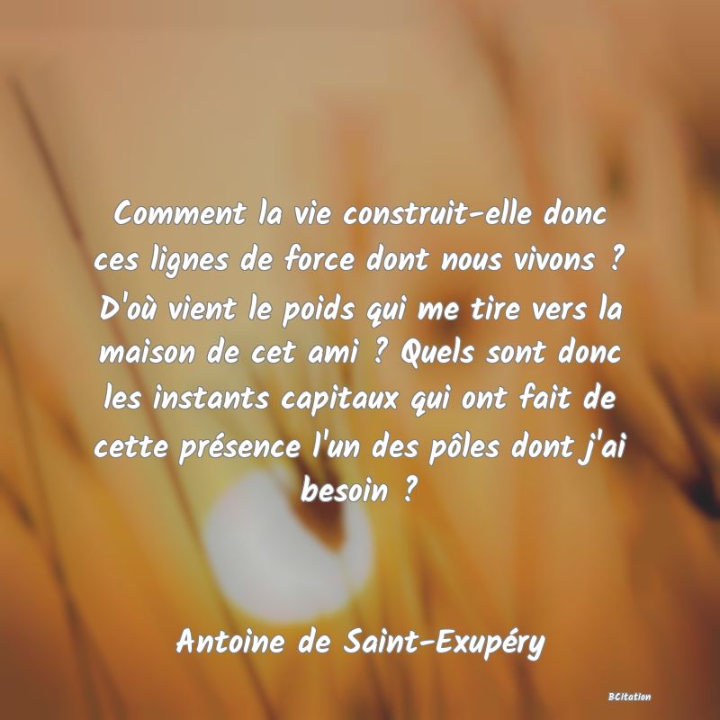 image de citation: Comment la vie construit-elle donc ces lignes de force dont nous vivons ? D'où vient le poids qui me tire vers la maison de cet ami ? Quels sont donc les instants capitaux qui ont fait de cette présence l'un des pôles dont j'ai besoin ?