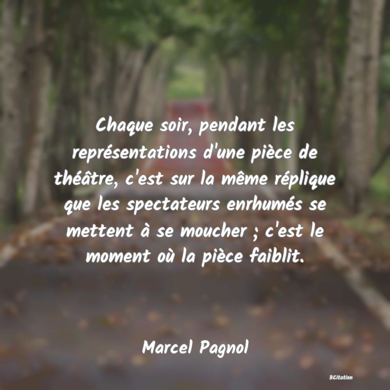 image de citation: Chaque soir, pendant les représentations d'une pièce de théâtre, c'est sur la même réplique que les spectateurs enrhumés se mettent à se moucher ; c'est le moment où la pièce faiblit.