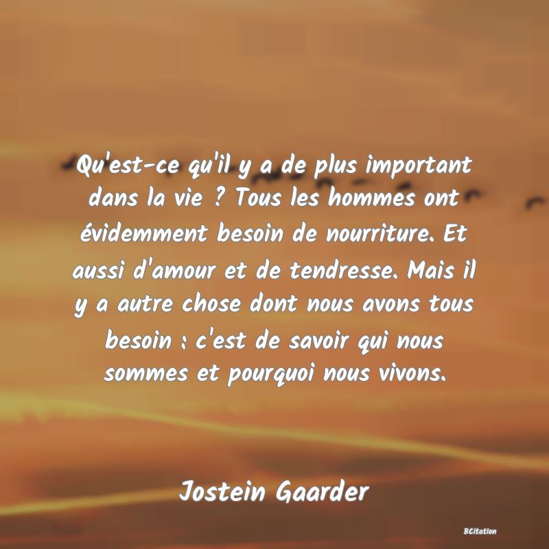 Belle Citation - Qu'est-ce qu'il y a de plus important dans la vie ? Tous les hommes ont évidemment besoin de nourriture. Et aussi d'amour et de tendresse. Mais il y a autre chose dont nous avons tous besoin : c'est de savoir qui nous sommes et pourquoi nous vivons. - Jostein Gaarder