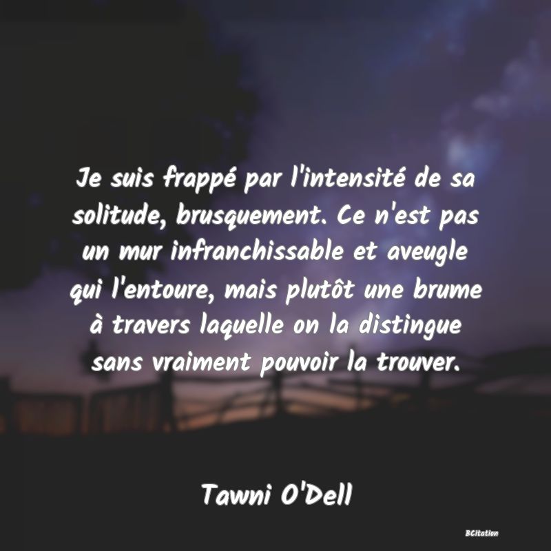 image de citation: Je suis frappé par l'intensité de sa solitude, brusquement. Ce n'est pas un mur infranchissable et aveugle qui l'entoure, mais plutôt une brume à travers laquelle on la distingue sans vraiment pouvoir la trouver.