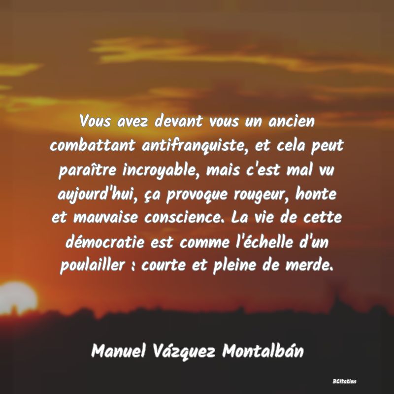 image de citation: Vous avez devant vous un ancien combattant antifranquiste, et cela peut paraître incroyable, mais c'est mal vu aujourd'hui, ça provoque rougeur, honte et mauvaise conscience. La vie de cette démocratie est comme l'échelle d'un poulailler : courte et pleine de merde.