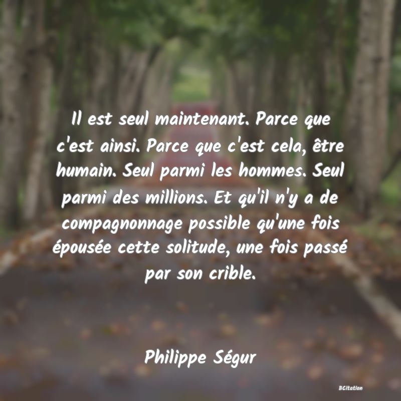 image de citation: Il est seul maintenant. Parce que c'est ainsi. Parce que c'est cela, être humain. Seul parmi les hommes. Seul parmi des millions. Et qu'il n'y a de compagnonnage possible qu'une fois épousée cette solitude, une fois passé par son crible.