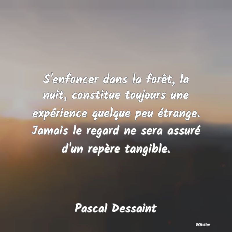 image de citation: S'enfoncer dans la forêt, la nuit, constitue toujours une expérience quelque peu étrange. Jamais le regard ne sera assuré d'un repère tangible.