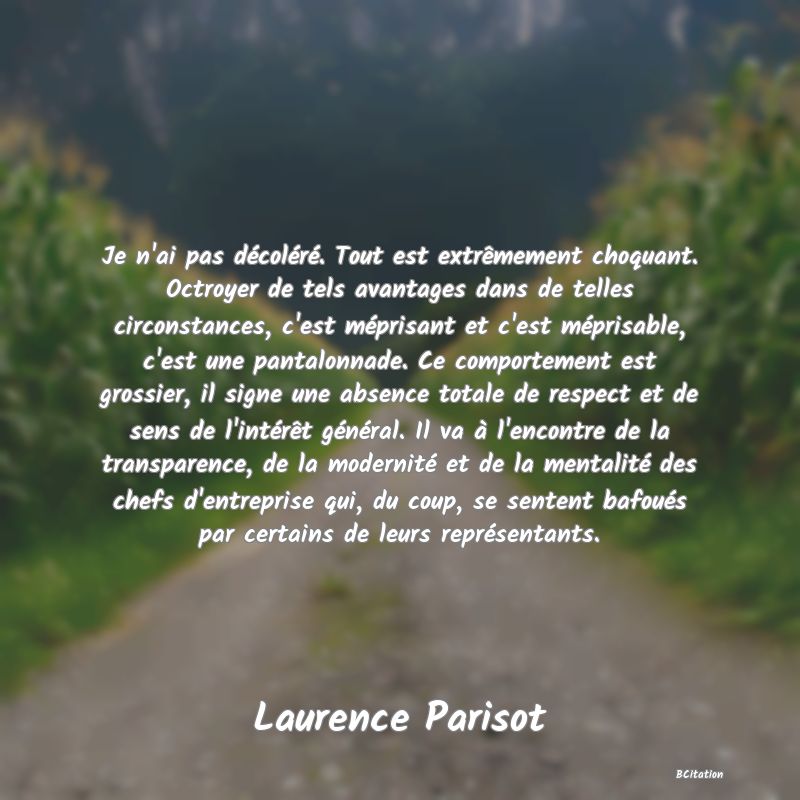 image de citation: Je n'ai pas décoléré. Tout est extrêmement choquant. Octroyer de tels avantages dans de telles circonstances, c'est méprisant et c'est méprisable, c'est une pantalonnade. Ce comportement est grossier, il signe une absence totale de respect et de sens de l'intérêt général. Il va à l'encontre de la transparence, de la modernité et de la mentalité des chefs d'entreprise qui, du coup, se sentent bafoués par certains de leurs représentants.