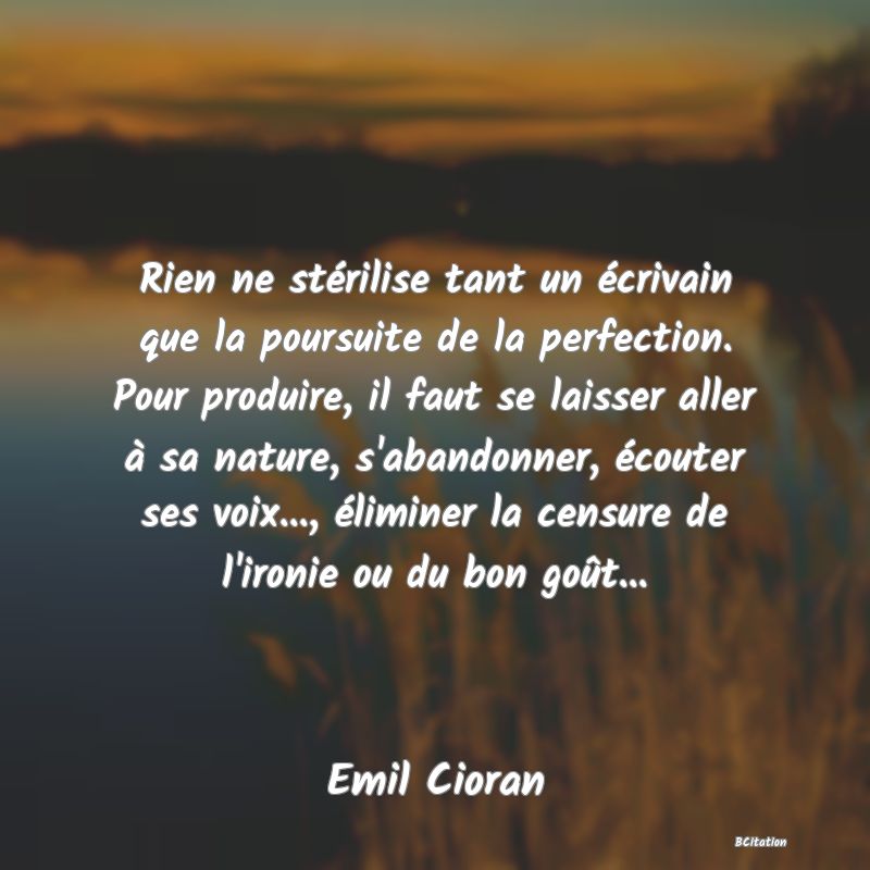 image de citation: Rien ne stérilise tant un écrivain que la poursuite de la perfection. Pour produire, il faut se laisser aller à sa nature, s'abandonner, écouter ses voix..., éliminer la censure de l'ironie ou du bon goût...