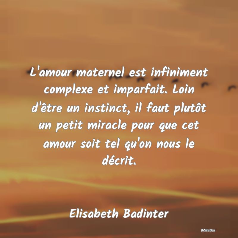 Belle Citation - L'amour maternel est infiniment complexe et imparfait. Loin d'être un instinct, il faut plutôt un petit miracle pour que cet amour soit tel qu'on nous le décrit. - Elisabeth Badinter