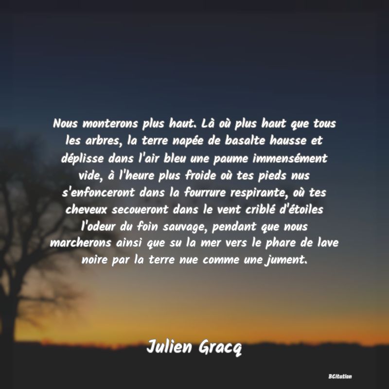 image de citation: Nous monterons plus haut. Là où plus haut que tous les arbres, la terre napée de basalte hausse et déplisse dans l'air bleu une paume immensément vide, à l'heure plus froide où tes pieds nus s'enfonceront dans la fourrure respirante, où tes cheveux secoueront dans le vent criblé d'étoiles l'odeur du foin sauvage, pendant que nous marcherons ainsi que su la mer vers le phare de lave noire par la terre nue comme une jument.