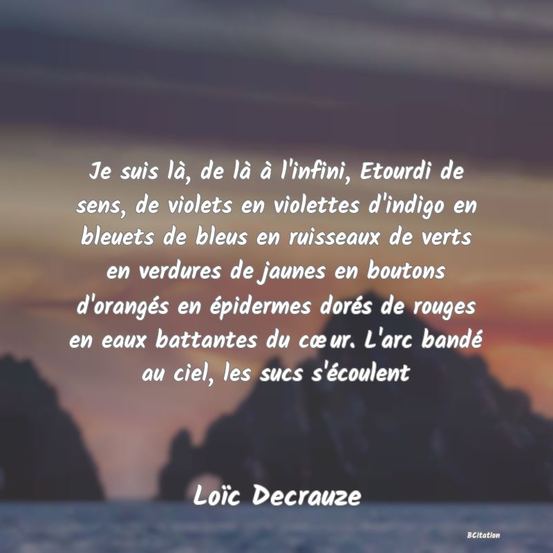 Belle Citation - Je suis là, de là à l'infini, Etourdi de sens, de violets en violettes d'indigo en bleuets de bleus en ruisseaux de verts en verdures de jaunes en boutons d'orangés en épidermes dorés de rouges en eaux battantes du cœur. L'arc bandé au ciel, les sucs s'écoulent - Loïc Decrauze
