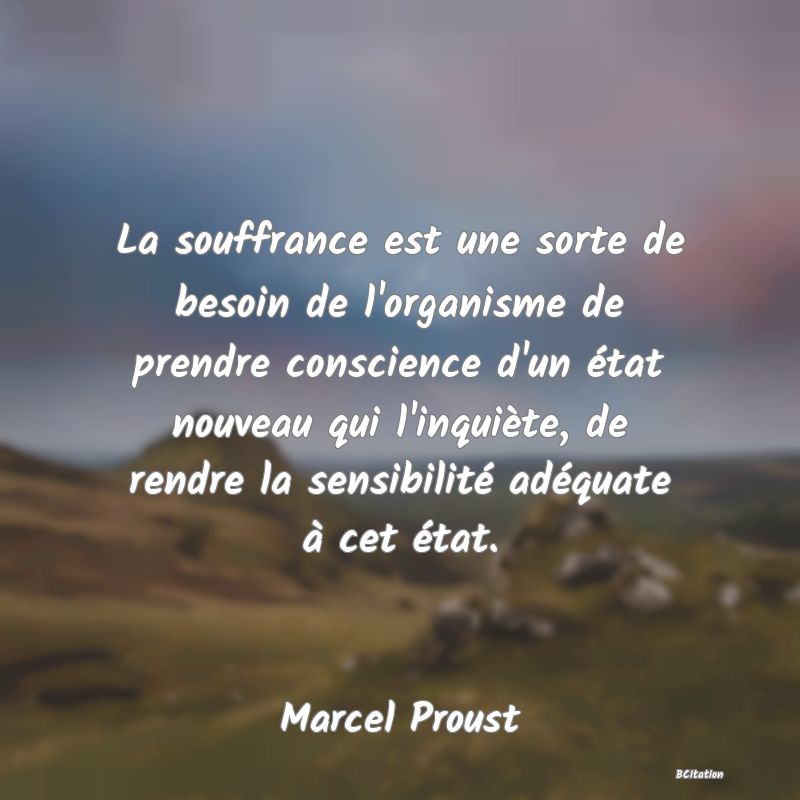 image de citation: La souffrance est une sorte de besoin de l'organisme de prendre conscience d'un état nouveau qui l'inquiète, de rendre la sensibilité adéquate à cet état.