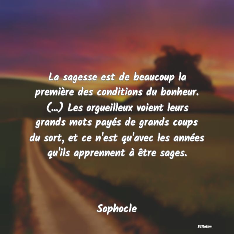 image de citation: La sagesse est de beaucoup la première des conditions du bonheur. (...) Les orgueilleux voient leurs grands mots payés de grands coups du sort, et ce n'est qu'avec les années qu'ils apprennent à être sages.