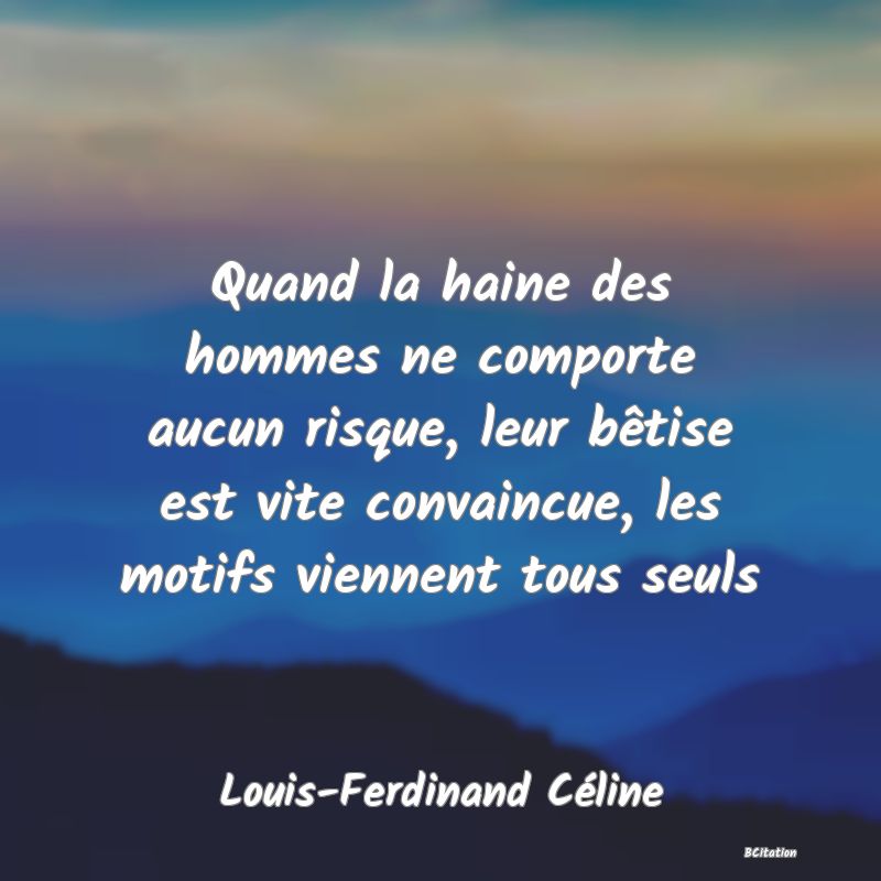 image de citation: Quand la haine des hommes ne comporte aucun risque, leur bêtise est vite convaincue, les motifs viennent tous seuls