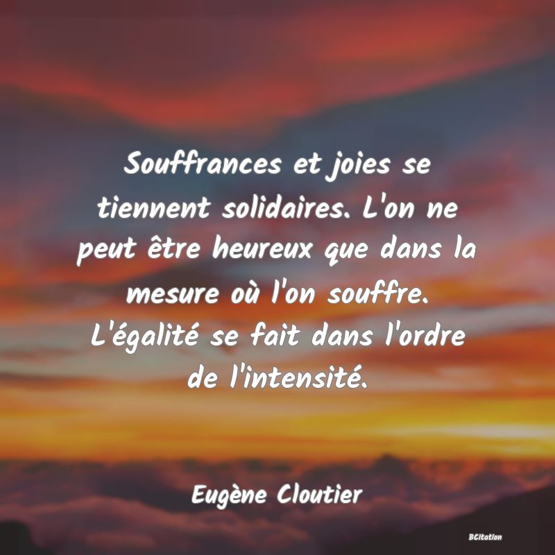 image de citation: Souffrances et joies se tiennent solidaires. L'on ne peut être heureux que dans la mesure où l'on souffre. L'égalité se fait dans l'ordre de l'intensité.