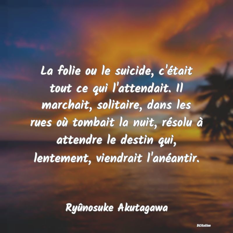 image de citation: La folie ou le suicide, c'était tout ce qui l'attendait. Il marchait, solitaire, dans les rues où tombait la nuit, résolu à attendre le destin qui, lentement, viendrait l'anéantir.