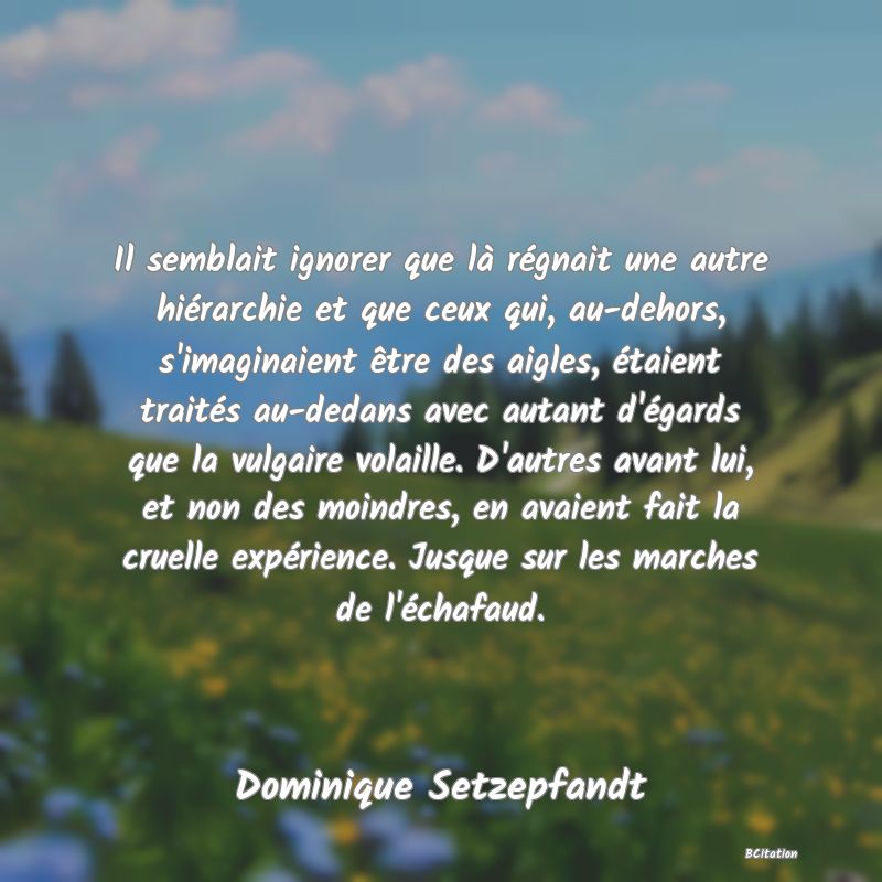 image de citation: Il semblait ignorer que là régnait une autre hiérarchie et que ceux qui, au-dehors, s'imaginaient être des aigles, étaient traités au-dedans avec autant d'égards que la vulgaire volaille. D'autres avant lui, et non des moindres, en avaient fait la cruelle expérience. Jusque sur les marches de l'échafaud.