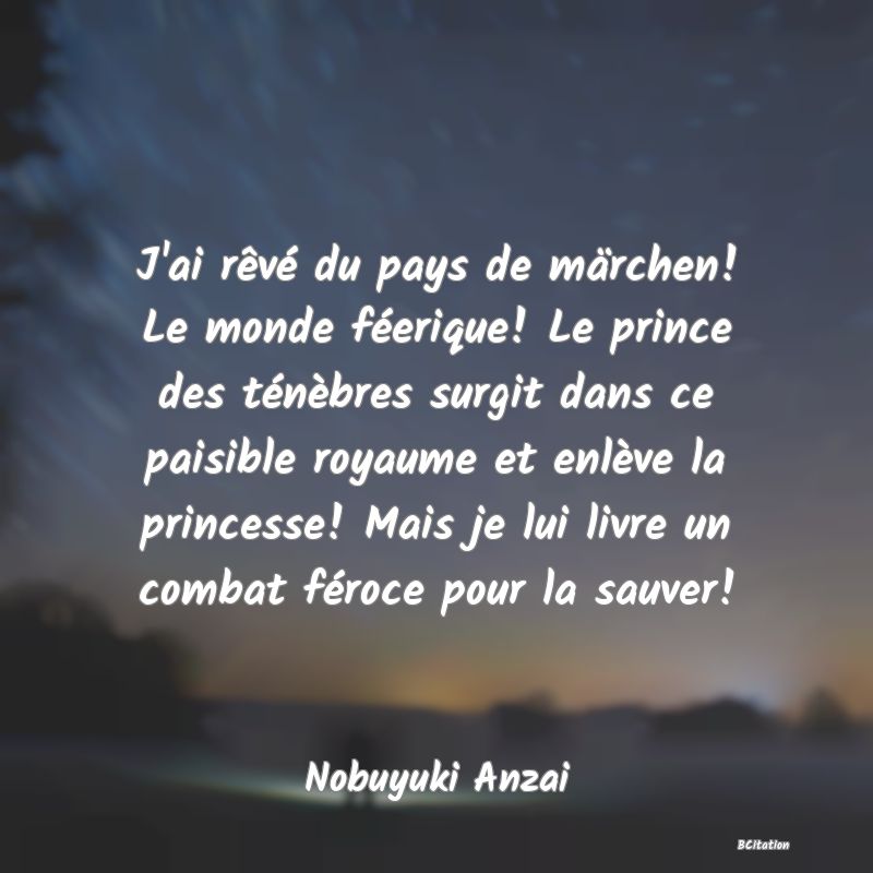 image de citation: J'ai rêvé du pays de märchen! Le monde féerique! Le prince des ténèbres surgit dans ce paisible royaume et enlève la princesse! Mais je lui livre un combat féroce pour la sauver!