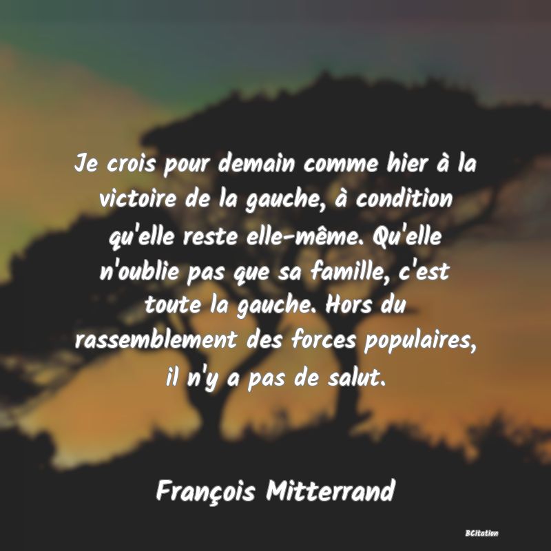 image de citation: Je crois pour demain comme hier à la victoire de la gauche, à condition qu'elle reste elle-même. Qu'elle n'oublie pas que sa famille, c'est toute la gauche. Hors du rassemblement des forces populaires, il n'y a pas de salut.