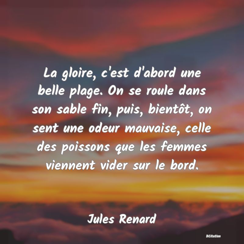 image de citation: La gloire, c'est d'abord une belle plage. On se roule dans son sable fin, puis, bientôt, on sent une odeur mauvaise, celle des poissons que les femmes viennent vider sur le bord.