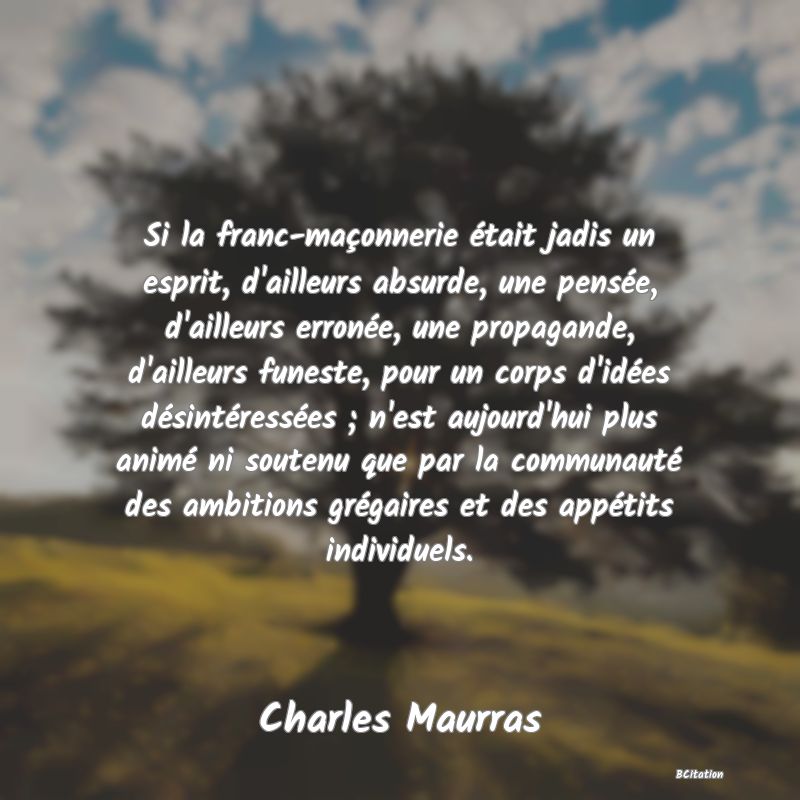 image de citation: Si la franc-maçonnerie était jadis un esprit, d'ailleurs absurde, une pensée, d'ailleurs erronée, une propagande, d'ailleurs funeste, pour un corps d'idées désintéressées ; n'est aujourd'hui plus animé ni soutenu que par la communauté des ambitions grégaires et des appétits individuels.