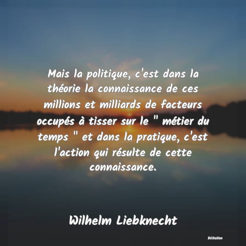 image de citation: Mais la politique, c'est dans la théorie la connaissance de ces millions et milliards de facteurs occupés à tisser sur le   métier du temps   et dans la pratique, c'est l'action qui résulte de cette connaissance.