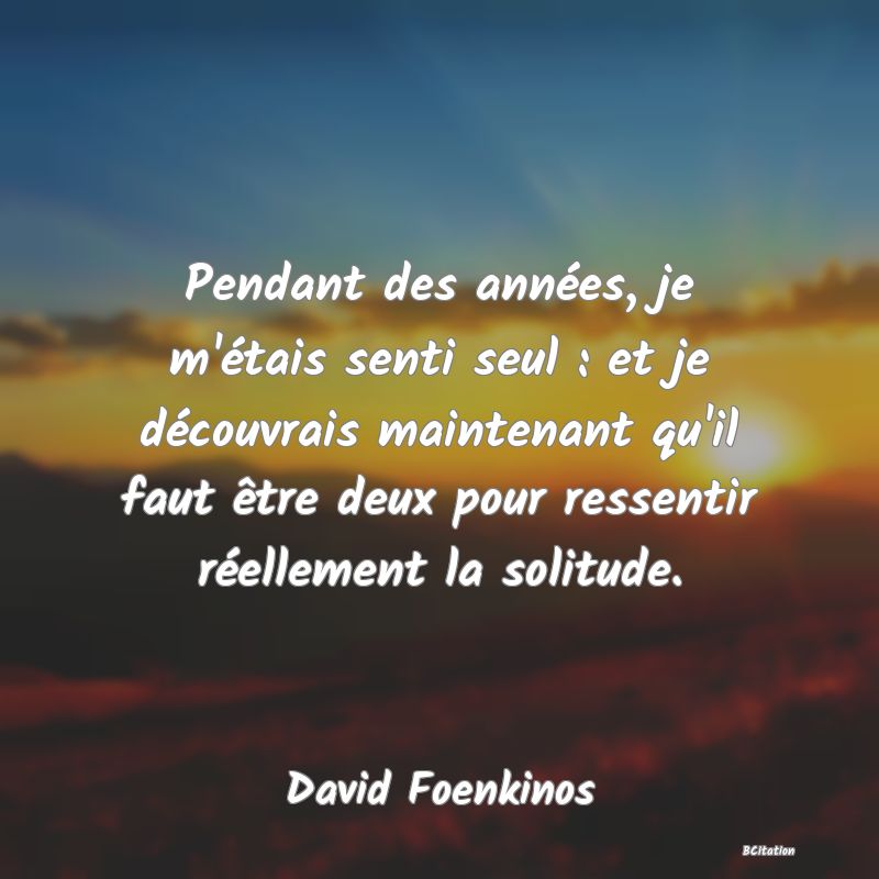 image de citation: Pendant des années, je m'étais senti seul : et je découvrais maintenant qu'il faut être deux pour ressentir réellement la solitude.