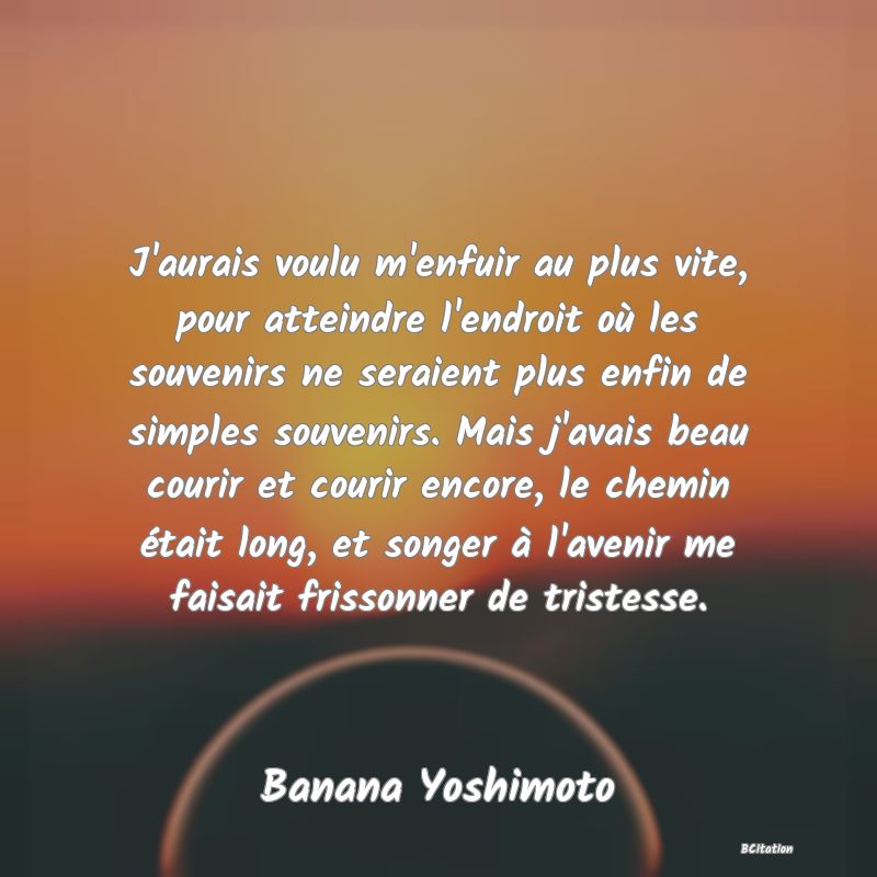 image de citation: J'aurais voulu m'enfuir au plus vite, pour atteindre l'endroit où les souvenirs ne seraient plus enfin de simples souvenirs. Mais j'avais beau courir et courir encore, le chemin était long, et songer à l'avenir me faisait frissonner de tristesse.