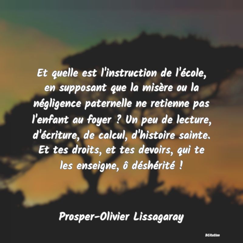 image de citation: Et quelle est l'instruction de l'école, en supposant que la misère ou la négligence paternelle ne retienne pas l'enfant au foyer ? Un peu de lecture, d'écriture, de calcul, d'histoire sainte. Et tes droits, et tes devoirs, qui te les enseigne, ô déshérité !