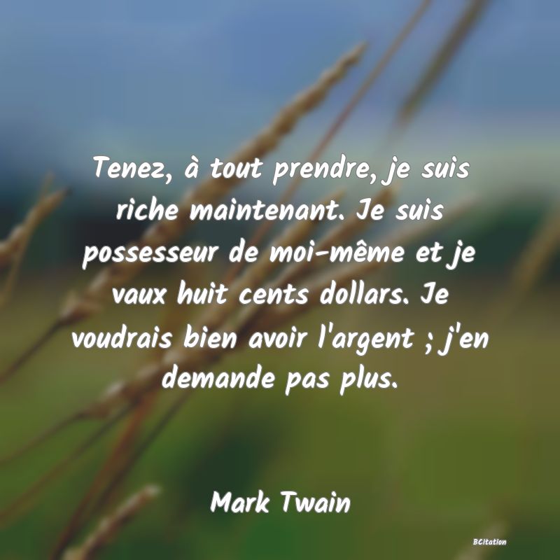 image de citation: Tenez, à tout prendre, je suis riche maintenant. Je suis possesseur de moi-même et je vaux huit cents dollars. Je voudrais bien avoir l'argent ; j'en demande pas plus.