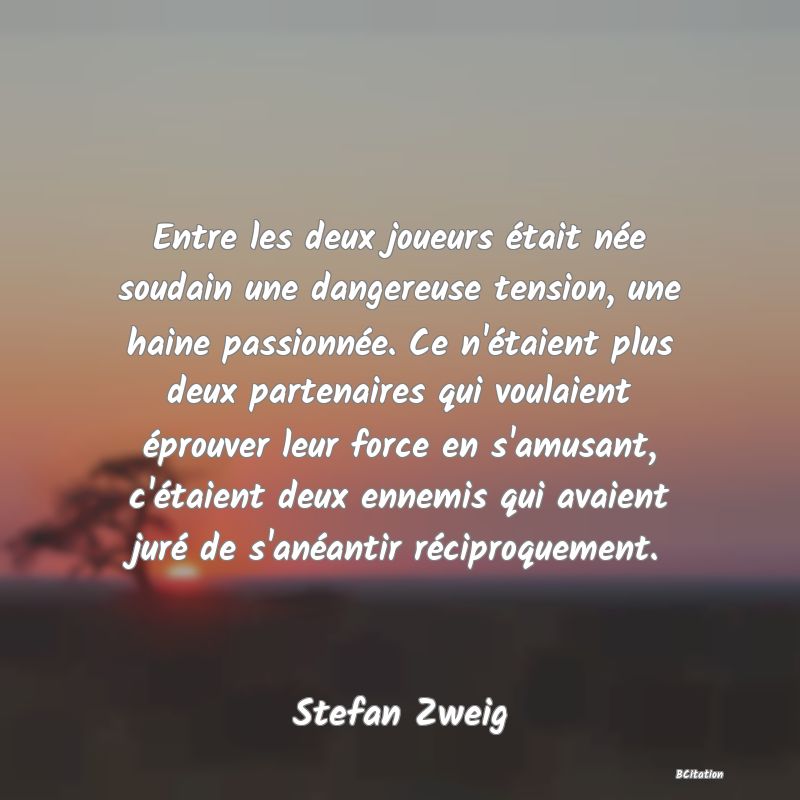Belle Citation - Entre les deux joueurs était née soudain une dangereuse tension, une haine passionnée. Ce n'étaient plus deux partenaires qui voulaient éprouver leur force en s'amusant, c'étaient deux ennemis qui avaient juré de s'anéantir réciproquement. - Stefan Zweig