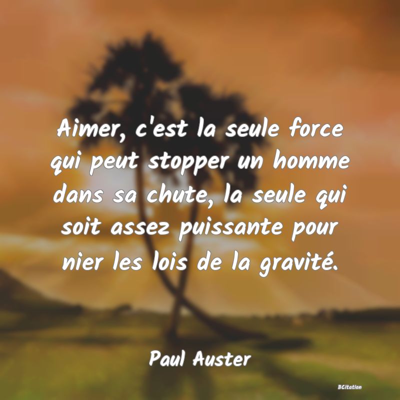 image de citation: Aimer, c'est la seule force qui peut stopper un homme dans sa chute, la seule qui soit assez puissante pour nier les lois de la gravité.