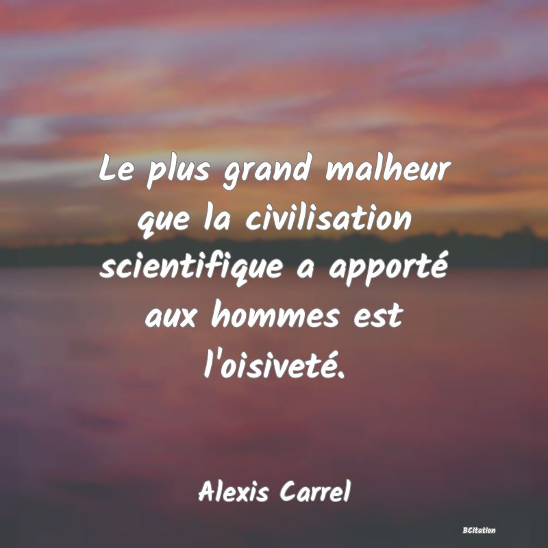 image de citation: Le plus grand malheur que la civilisation scientifique a apporté aux hommes est l'oisiveté.