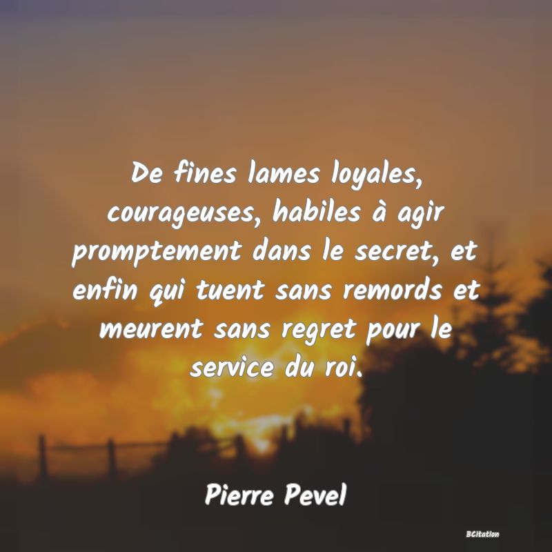 image de citation: De fines lames loyales, courageuses, habiles à agir promptement dans le secret, et enfin qui tuent sans remords et meurent sans regret pour le service du roi.