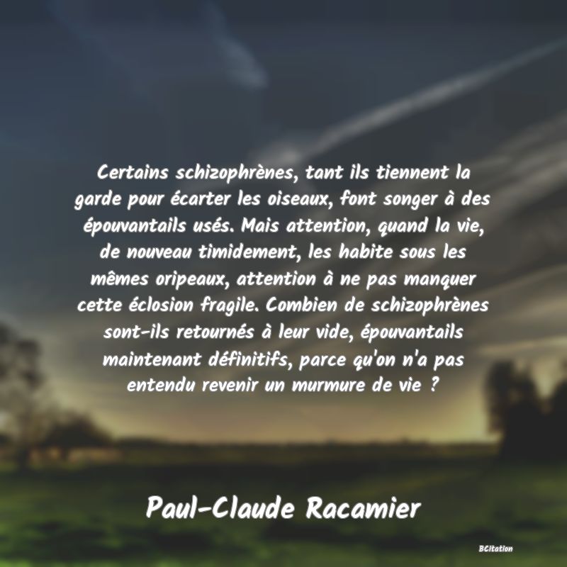 image de citation: Certains schizophrènes, tant ils tiennent la garde pour écarter les oiseaux, font songer à des épouvantails usés. Mais attention, quand la vie, de nouveau timidement, les habite sous les mêmes oripeaux, attention à ne pas manquer cette éclosion fragile. Combien de schizophrènes sont-ils retournés à leur vide, épouvantails maintenant définitifs, parce qu'on n'a pas entendu revenir un murmure de vie ?