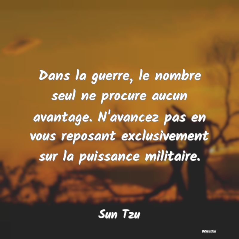 image de citation: Dans la guerre, le nombre seul ne procure aucun avantage. N'avancez pas en vous reposant exclusivement sur la puissance militaire.