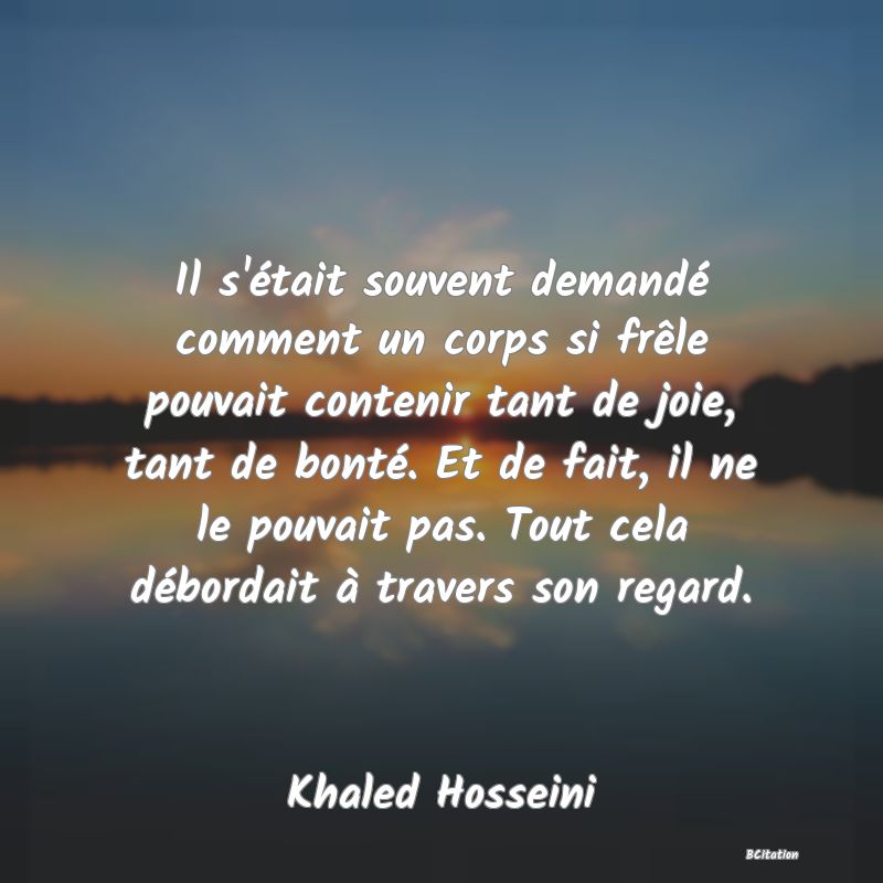 image de citation: Il s'était souvent demandé comment un corps si frêle pouvait contenir tant de joie, tant de bonté. Et de fait, il ne le pouvait pas. Tout cela débordait à travers son regard.