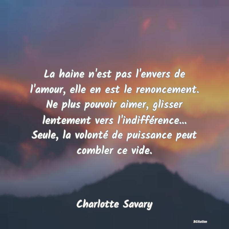 image de citation: La haine n'est pas l'envers de l'amour, elle en est le renoncement. Ne plus pouvoir aimer, glisser lentement vers l'indifférence... Seule, la volonté de puissance peut combler ce vide.