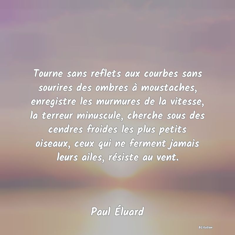 image de citation: Tourne sans reflets aux courbes sans sourires des ombres à moustaches, enregistre les murmures de la vitesse, la terreur minuscule, cherche sous des cendres froides les plus petits oiseaux, ceux qui ne ferment jamais leurs ailes, résiste au vent.