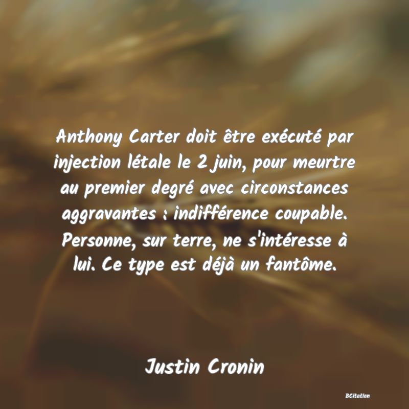 image de citation: Anthony Carter doit être exécuté par injection létale le 2 juin, pour meurtre au premier degré avec circonstances aggravantes : indifférence coupable. Personne, sur terre, ne s'intéresse à lui. Ce type est déjà un fantôme.