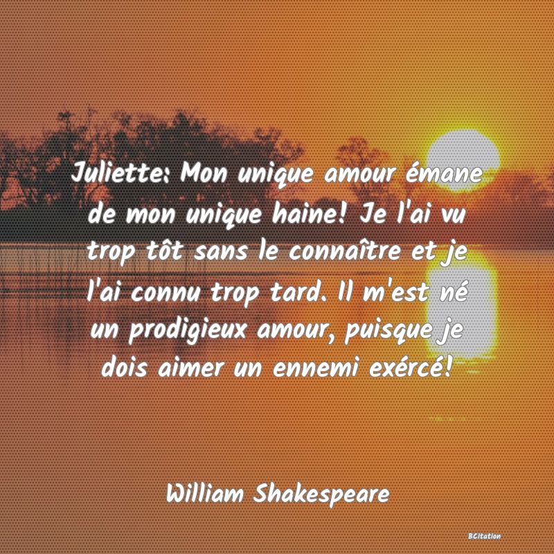 image de citation: Juliette: Mon unique amour émane de mon unique haine! Je l'ai vu trop tôt sans le connaître et je l'ai connu trop tard. Il m'est né un prodigieux amour, puisque je dois aimer un ennemi exércé!