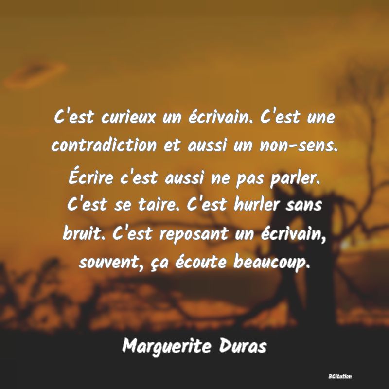 Belle Citation - C'est curieux un écrivain. C'est une contradiction et aussi un non-sens. Écrire c'est aussi ne pas parler. C'est se taire. C'est hurler sans bruit. C'est reposant un écrivain, souvent, ça écoute beaucoup. - Marguerite Duras
