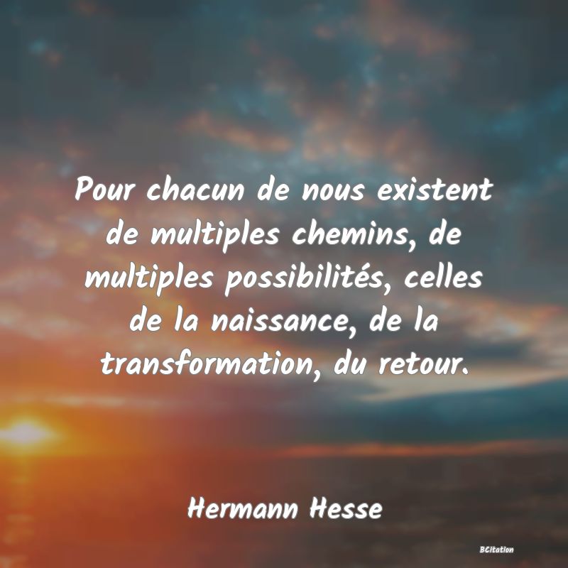 Belle Citation - Pour chacun de nous existent de multiples chemins, de multiples possibilités, celles de la naissance, de la transformation, du retour. - Hermann Hesse