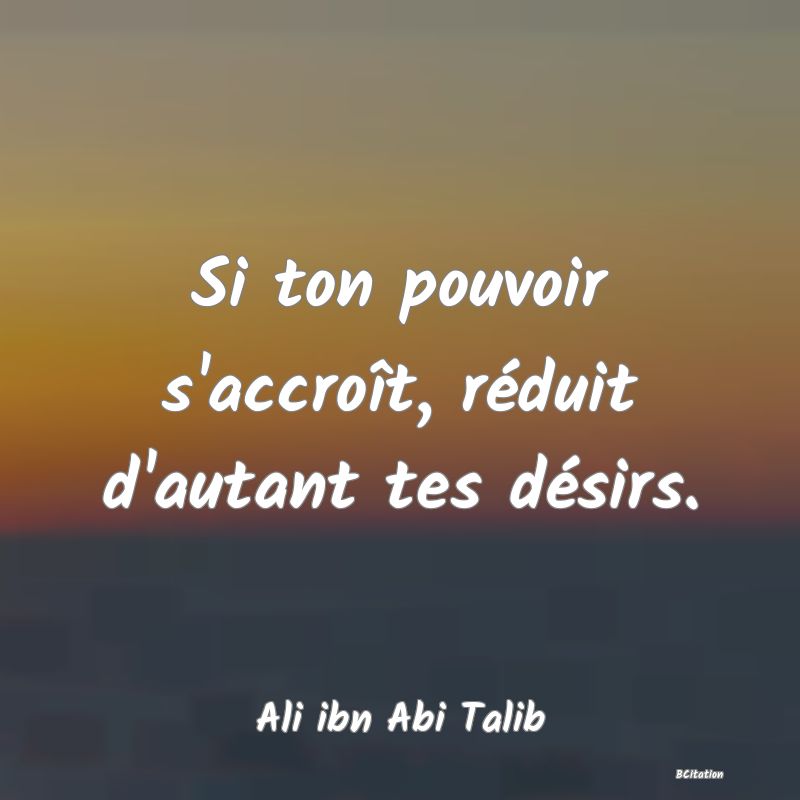 Belle Citation - Si ton pouvoir s'accroît, réduit d'autant tes désirs. - Ali ibn Abi Talib